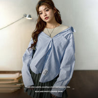 Women's French-style Blue Sun-Protective Casual Cotton-Linen Striped Shirt