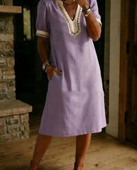 Loose-fit Patchwork Lace Cotton Short-sleeve Dress