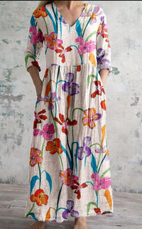 Womens Loose Stylish V-Neck Printed Dress