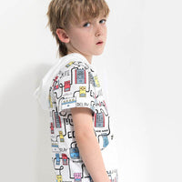 Cartoon print boy's hooded short sleeve t-shirt