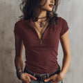 Womens Knitted Fabric Elegant Zip-Neck Short-Sleeve Top