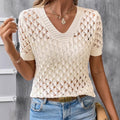 Womens Fashionable Hollow-Out Plus-Size Short-Sleeve Knitted Top