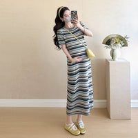 Striped Color-Block Crew-Neck Short-Sleeve Maternity Dress
