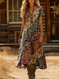 Floral Digital Print Art Short-Sleeve Elegant Dress
