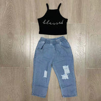 Children's Two-piece Suit With Ripped Jeans And Vest