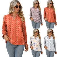 Women's V-neck Lace-up Printed Shirt Top