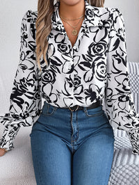 Women's Elegant Color-Blocked Floral Lantern Sleeve Lapel Shirt