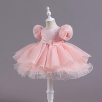 Sequined Puff Sleeve Lace Mesh Bubble Skirt Dance Performance Dress