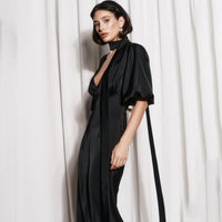 Summer Short Sleeve Puff Sleeve Deep V Neck A Line Maxi Dress