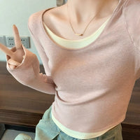 Pure Desire Style Long Sleeve Color-blocking U-neck Irregular Inner Top