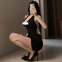 Women's Solid Color Choker Deep-V Sexy Backless Dress