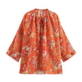 Summer Ethnic Print Ramie Pleated Long-sleeved Shirt