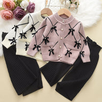 Girls' Bowknot Sweater Cardigan Wool Knitted Wide-leg Pants Two-piece Set