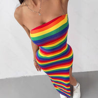 Rainbow-striped Bodycon Off-shoulder Halter Sexy Summer Dress