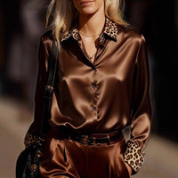 Retro-Style Long-Sleeve Satin Shirt With Leopard Print And Color-Block Design