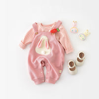 Infant Fashionable Cartoon Bunny Suspender Pants Baby Striped T-shirt Two-piece Set