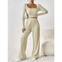 European And American-style Knitted Ribbed Wide-leg Pants Set For Women