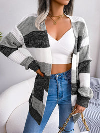 Women Color Block Stripe Lantern Sleeve Casual Cardigan Sweater Coat