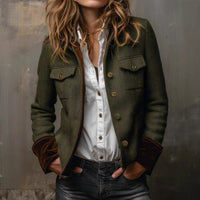 Vintage Herringbone Pattern Tweed Blazer With Velvet Trim
