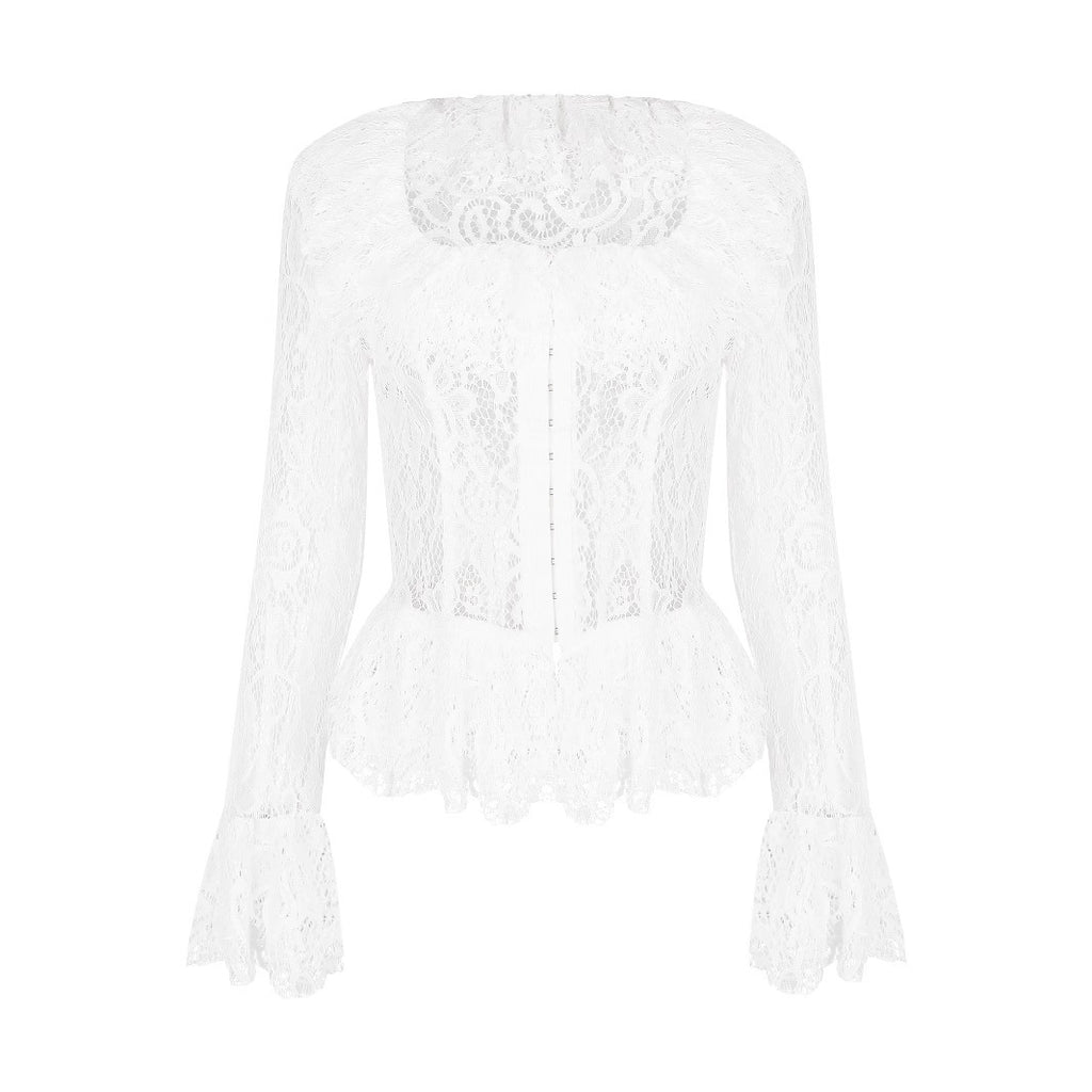 Women's White Lace Long-sleeved Square-neck Top