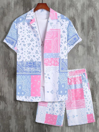 Contrast Color Retro Totem 3D Printed Shirt Shorts 2 Pieces Suit