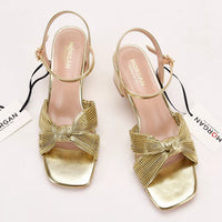 Cross-Strap Knot Square-Toe Mid-Heel Sandals