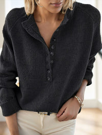 Loose Collar Decorated With Buttons Raglan Sleeve Knitted Pullover Women's Plus Size Sweater