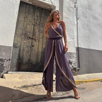 Gold Ribbon Trim Waist Trimming Loose Suspender Jumpsuit