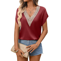 V-neck Lace Satin Short-sleeve Top Business Shirt