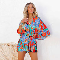 Women's Printed V-Neck Short Sleeve Loose Casual Jumpsuit