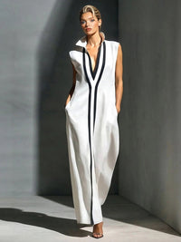 V-neck Sleeveless Contrast-striped Maxi Dress