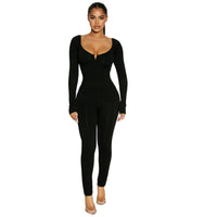 Stretch Big Collar Stretch Solid Color Jumpsuit Long Sleeve Sexy Women