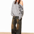 Off-the-shoulder Letter Sweater Retro Oblique Shoulder Collar Top