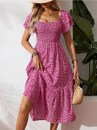 New European And American-style Square-neck Puffed-sleeve Floral-print Dress