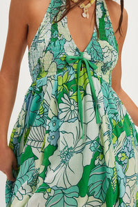 V-neck Resort-style Backless Sleeveless Printed Dress