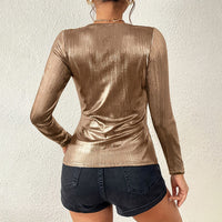 Elegant Party-Style Shiny V-Neck Pleated Top