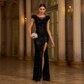 Sleeveless Round Neck Sequins Slim Fit Slit Evening Gown
