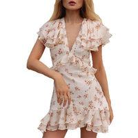 Womens V-Neck Ruffled Floral Slim-Fit Dress
