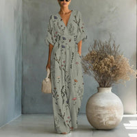 Waist-cinched V-neck Printed Womens Jumpsuit
