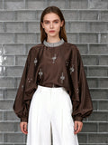 Round Neck Rhinestone Loose Solid Color Pullover Shirt