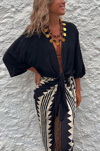 Women's Casual Lace Up 34 Sleeve Loose Vacation Multi-color Shirt