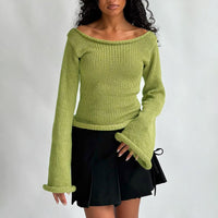 New Solid Color Slim-fit Bell Sleeve T-shirt With Boat Neck
