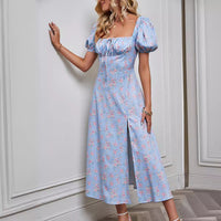 Puff-sleeve Strapless Floral Print Split Dress With Tie Closure And Short Sleeves