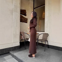 Elegant Long-sleeve Zip-front Waist-cinching Knit Sheath Dress For Women