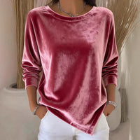 Womens Round-Neck Velvet Solid-Color Long-Sleeve Blouse