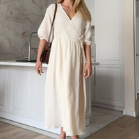 V-neck Puff Short Sleeve Lace-up Dress