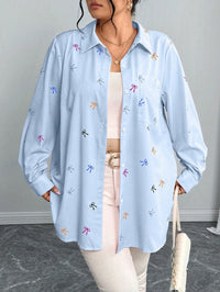 New Plus Size Womens Shirt Jacket With Bow Tie And Print Long Sleeve Top