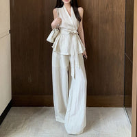 Pure And Alluring High-End Bandage-Waist Top With Wide-Leg Casual Pants Set For Women