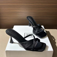 French High-heeled Small-town Slippers For Women, Versatile For Both Indoor And Outdoor Wear, Square-toed And Toe-exposing Summer Flats