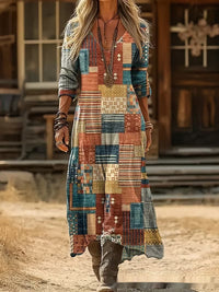 Womens 3D-printed V-neck Long-sleeve Dress